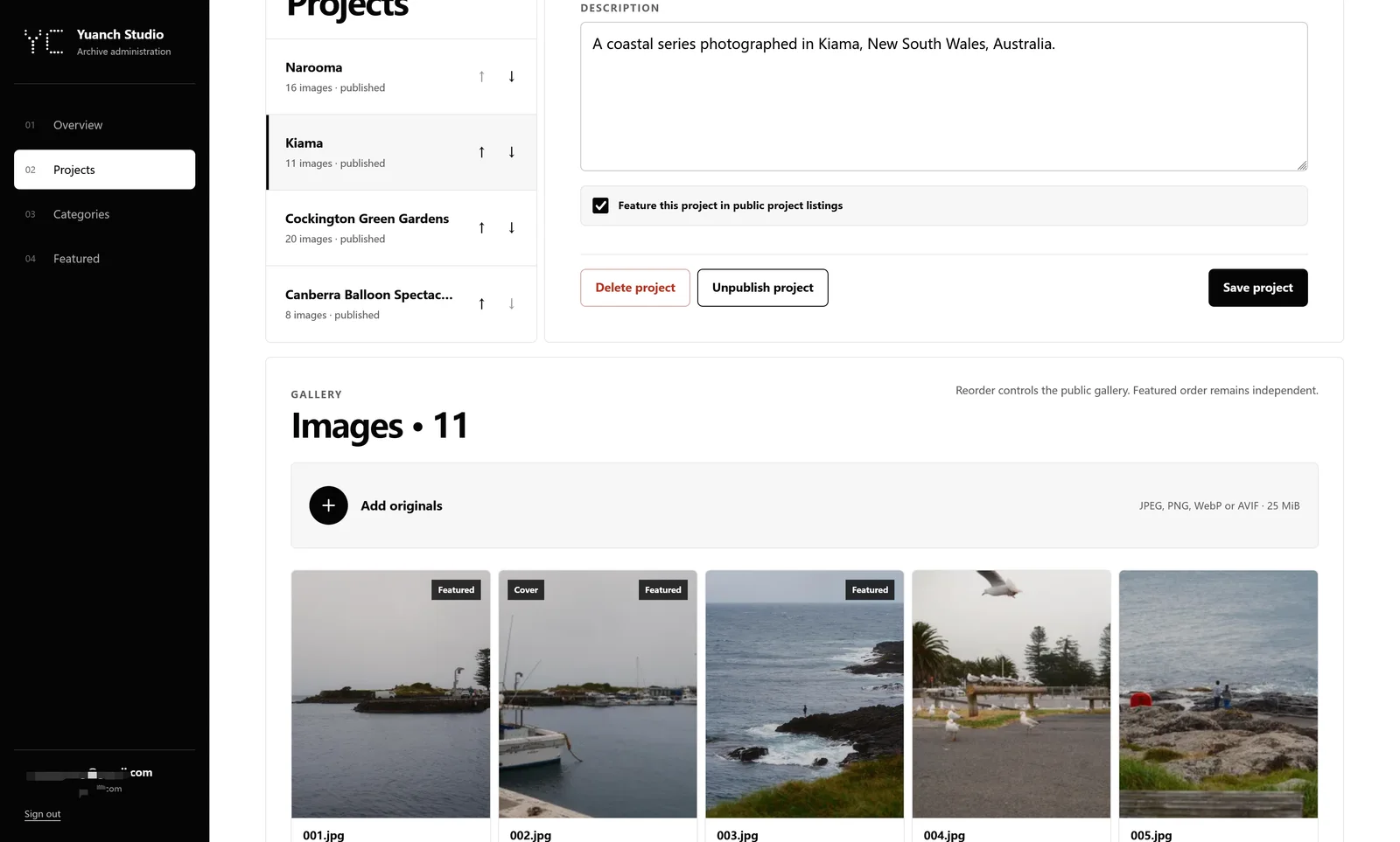 Portfolio Platform project editor showing image uploads, cover and featured selections, and gallery ordering.